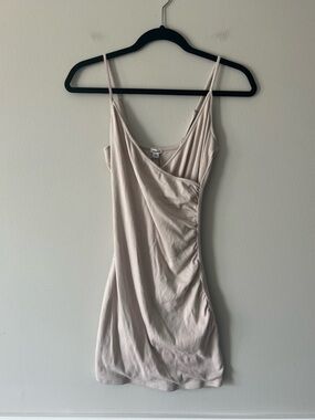 Garage Ribbed Bodycon Wrap Dress M Pebble Gray Ruched Mini Slip Spaghetti Strap